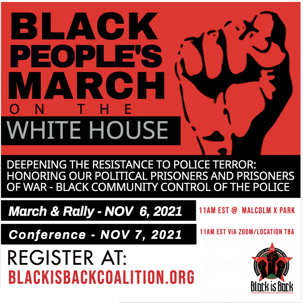 You are currently viewing BLACK PEOPLE’S MARCH ON THE WHITE HOUSE – Deepening the resistance to police terror:  Honoring our political prisoners and prisoners of war – Black Community Control of the Police!