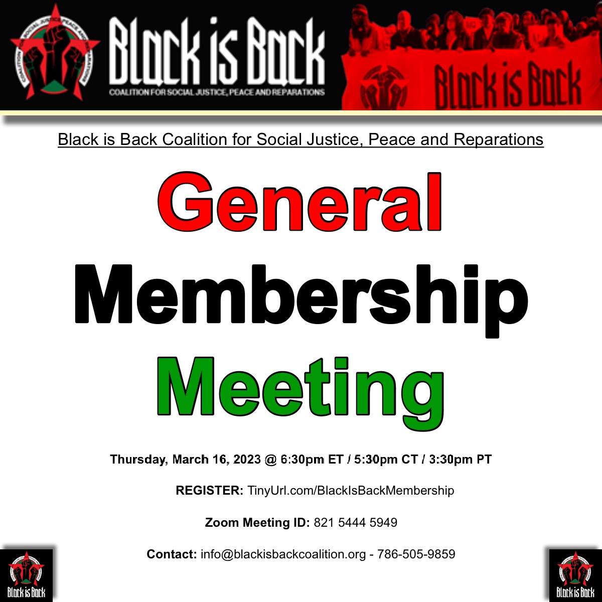 Read more about the article GENERAL MEMBERSHIP MEETING TO BUILD UP THE BLACK LIBERATION STRUGGLE 3/16/23 – 6:30 PM, EST